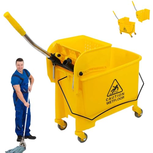 Mop Bucket with Wringer on Wheels, 5.28 Gallon Mop Bucket and Side Wringer Combo with Wheels for Business, Commercial Janitorial Cart Spring Wringer for Home and Industrial
