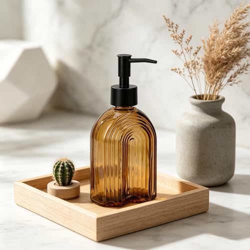 Black Pump Glass Soap Dispenser, 12oz Brown Stripe Countertop Refillable Liquid Bottle Hand Dish Lotion Dispenser with Plastic Pump, for Kitchen, Bathroom Countertop - color: Amber R