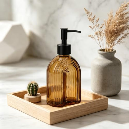Black Pump Glass Soap Dispenser, 12oz Brown Stripe Countertop Refillable Liquid Bottle Hand Dish Lotion Dispenser with Plastic Pump, for Kitchen, Bathroom Countertop - color: Amber R