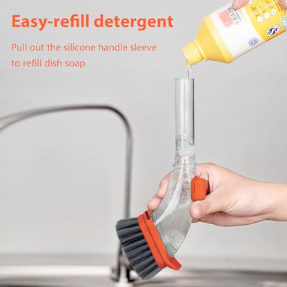 DAPOWER Soap Dispensing Dish Brush with Handle, Kitchen Scrub Brush for Dishes Pots Pans Sink Cleaning (Orange)