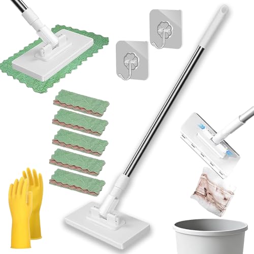 Snap Grip Minimop, No Wash Mop with Zero Touch Clip, Retractable Mini Mop for Gaps and Corners, Wet Dry Flat Mops with Locking Head for Home Multi Surface Cleaning (with 5 Reusable Cloths) - color: With 5 Reusable Cloths