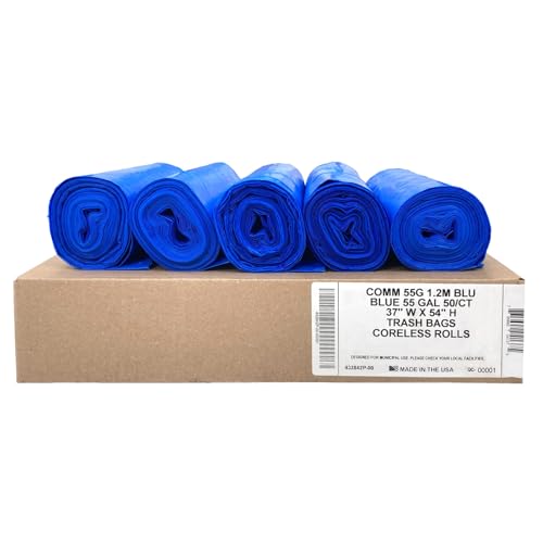 Ultrasac Heavy Duty 55 Gallon Blue Trash Bags - (Value 50 Pack) - 1.5 MIL equivalent Industrial Strength Plastic 37" x 54" for 50-55 Gal Cans -Fits Toter, Rubbermaid Brute, Carlislie Bronco etc. - color: Blue, style: 50-55 Gal, 1.5 Mil Equiv, 50 Count