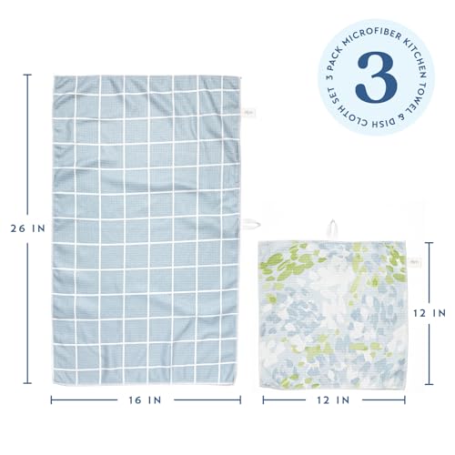 ELYN Microfiber Kitchen Dish Towel & Dish Cloth Set, Quick-Dry & Absorbent Waffle Weave Cleaning Cloths, Set of One Kitchen Towel & Two Washcloths, Paper Towels Alternative (Painterly Floral & Grid) - color: Painterly Floral & Grid, style: Towel & Cloth S