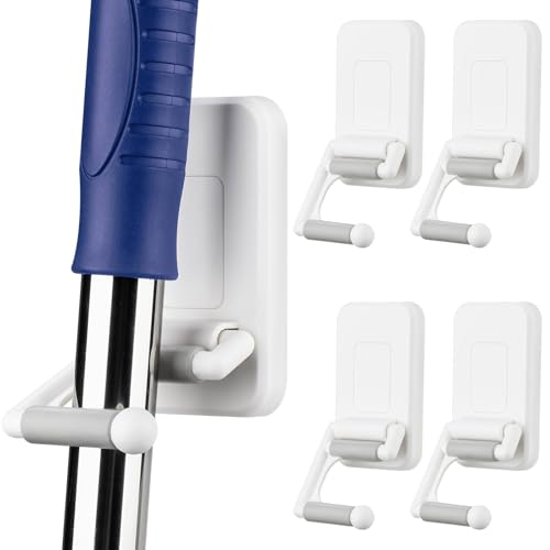 NiHome Multi-Use Wall Mounted Mop Holders 4PCS for Mops, Brooms, Tools, Umbrellas, Kitchen & Bathroom Supplies, Space-Saving Broom Holder with 180° Rotating Design, Self-Adhesive No-Drill Installation