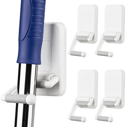 NiHome Multi-Use Wall Mounted Mop Holders 4PCS for Mops, Brooms, Tools, Umbrellas, Kitchen & Bathroom Supplies, Space-Saving Broom Holder with 180° Rotating Design, Self-Adhesive No-Drill Installation