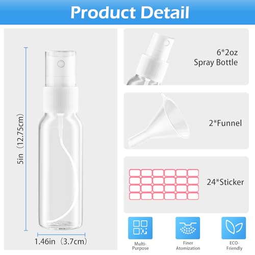 Zoizocp Spray Bottles, 2.7oz/80ml Clear Empty Fine Mist Plastic Mini Travel Bottle Set, Small Refillable Liquid Containers with 2pcs Funnels and 24pcs Labels (6 Pack) - color: Clear（BPA+TSA）-2.7oz