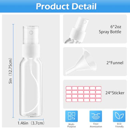 Zoizocp Spray Bottles, 2.7oz/80ml Clear Empty Fine Mist Plastic Mini Travel Bottle Set, Small Refillable Liquid Containers with 2pcs Funnels and 24pcs Labels (6 Pack) - color: Clear（BPA+TSA）-2.7oz