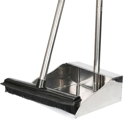 Rubber Broom and Dustpan Set,Pet Hair Removal Rubber Broom with Squeegee and Stainless Steel Dust Pan,Carpet Rake Push Broom and Dustpan for Fluff Hardwood Floor Tile (Black) - color: Black