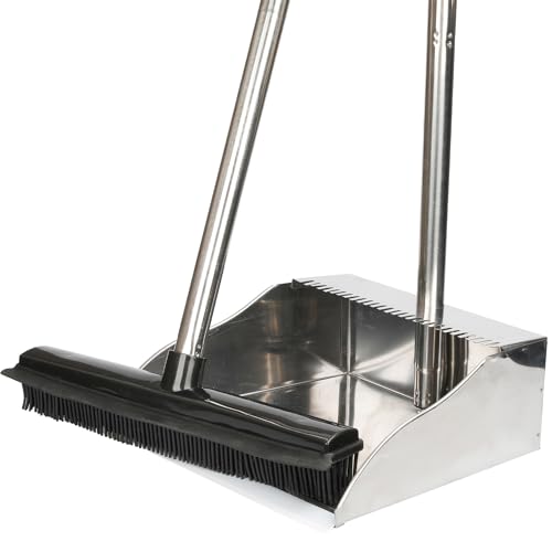Rubber Broom and Dustpan Set,Pet Hair Removal Rubber Broom with Squeegee and Stainless Steel Dust Pan,Carpet Rake Push Broom and Dustpan for Fluff Hardwood Floor Tile (Black) - color: Black