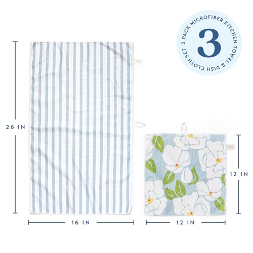 ELYN Microfiber Kitchen Dish Towel & Dish Cloth Set, Quick-Dry & Absorbent Waffle Weave Cleaning Cloths, Set of One Kitchen Towel & Two Washcloths, Paper Towels Alternative (Magnolias & Stripe) - color: Magnolias & Stripe, style: Towel & Cloth Set