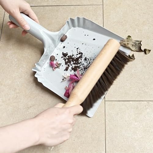 Metal Dust Pan and Brush Set Soft Bristle Wooden Broom Heavy Duty for Fireplace, Garage, Workshop - style: Steel Dustpan