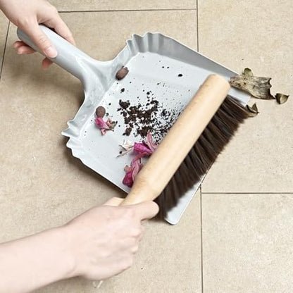 Metal Dust Pan and Brush Set Soft Bristle Wooden Broom Heavy Duty for Fireplace, Garage, Workshop - style: Steel Dustpan