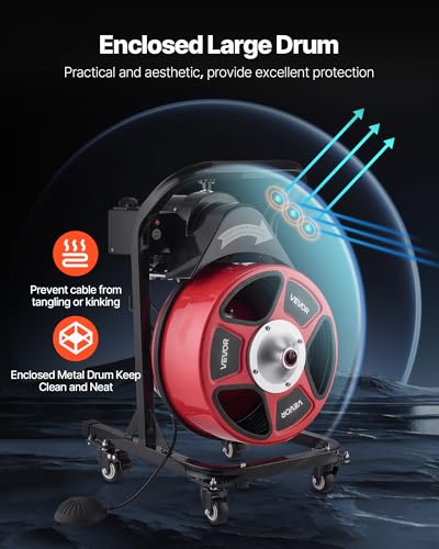 VEVOR Drain Cleaner Machine 50 FT x 1/2 Inch, Manual Feed Sewer Snake Auger on Wheels - with 4 Cutters & Air-activated Foot Switch for 2" to 6" Pipes - style: 50 FT x 1/2'' Manual Feed