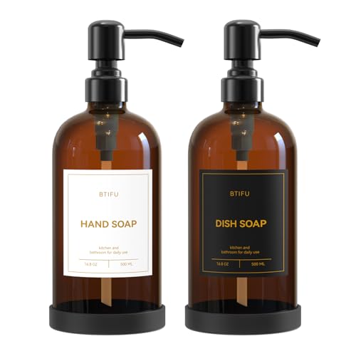 Kitchen Soap Dispenser Set – 16.8oz/500ml Glass Hand and Dish Soap Dispenser with Stainless Steel Pumps & Non-Slip Silicone Base, Luxury Countertop Decor for Home, Airbnb, Hotel (Amber & Black) - color: Amber & Black