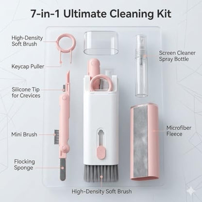 7-in-1 Multifunctional Electronics Cleaning Kit, Portable Keyboard Cleaner with Spray Bottle, Brush, Earbud Cleaner Tool for AirPods, Laptop, Phone, Screen, Camera, Headphones - color: Pink