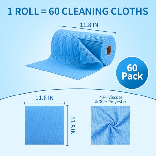 WETQUEEN Upgrade 60 Pack Microfiber Cleaning Cloth Roll - 11.8" x 11.8" Bubbled Reusable Rag for House, Kitchen, Car & Window - Tear Away Dish Rags & Wipe - 1 Roll Replaces 50 Paper Towels - Blue