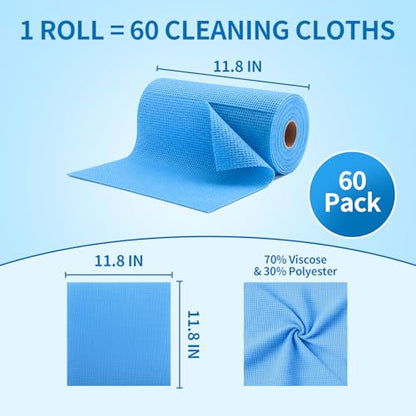 WETQUEEN Upgrade 60 Pack Microfiber Cleaning Cloth Roll - 11.8" x 11.8" Bubbled Reusable Rag for House, Kitchen, Car & Window - Tear Away Dish Rags & Wipe - 1 Roll Replaces 50 Paper Towels - Blue