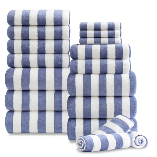 18 Pcs Blue Purple Stripe Bath Towel Set with Hanging Loop-6 Bath Towels,6 Hand Towels,6 Washcloths Soft Family Towels Set Bathroom Towel Highly Absorbent Quick Dry Shower Towel for Beach Chair Hotel - color: Blue White, size: 18 Pcs Towel Set