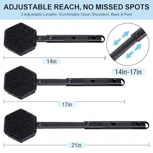 Silicone Back Scrubber for Shower, 21'' Extendable Dual-Sided Long Handle Bath Brush for Exfoliating & Massage, Non-Slip Grip, Gentle & Deep Cleansing Body Brush for Men Women