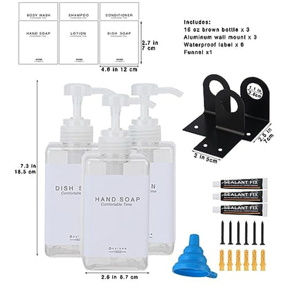 Refillable Shampoo and Conditioner Bottles for Shower Wall,Shampoo and Conditioner Dispenser with Pump No Drill (3 Bottles 3 Wall Mounts-Clear) - color: 3 Bottles 3 Wall Mounts-clear