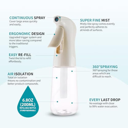 TANSHINE Continuous Spray Bottle for Hair,Ultra Fine Mist Water Hair Spray Bottles,Mister Spray Bottle,Refillable Plastic Sprayer for Hairstyling,Cleaning,Alcohol,Plants, Salons,6.8oz/200ml,Beige - color: Beige