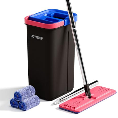 JOYMOOP Flat Mop System, Microfiber Mop and Bucket Set, Black, Household & Commercial Floor Cleaning System for Hardwood, Tile & Glass, Wet Dry Use, 60" Handle, 3 Pads - color: Black Lite1331