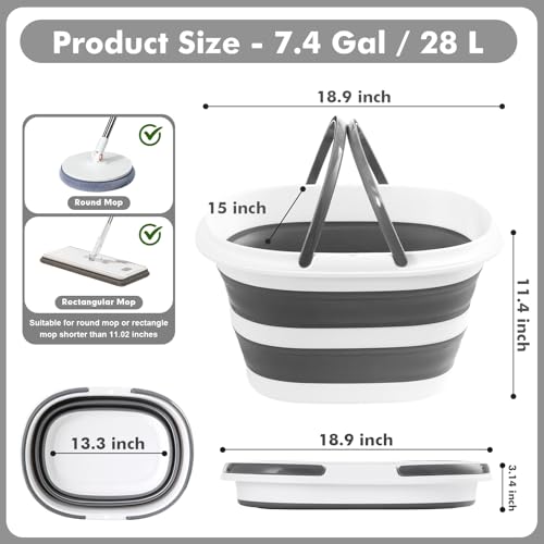 Collapsible Mop Bucket with Handles 7.4 Gallon Foldable Tub for Cleaning Large Silicone Pop Up Buckets Portable Collapse Camping Car Wash Basket for Space-Saving Storage - size: 7.4 Gallon - Bucket