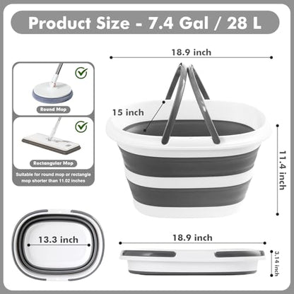 Collapsible Mop Bucket with Handles 7.4 Gallon Foldable Tub for Cleaning Large Silicone Pop Up Buckets Portable Collapse Camping Car Wash Basket for Space-Saving Storage - size: 7.4 Gallon - Bucket