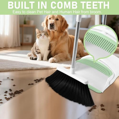 Broom with Dustpan Combo Set for Home, 52-in Long Adjustable Handle Angle Broom and Dustpan Set with Dustpan Comb Teeth for Sweeping Pet Hair Food Dirt Kitchen (White-Green) - color: White-green
