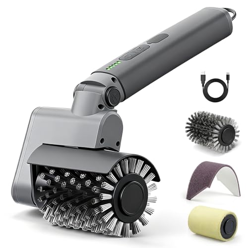Electric Grill Brush 3-in-1 Kit – Cordless BBQ Cleaner with Reinforced Safe Metal Bristles – 2 Hours Runtime, Waterproof & Dishwasher Safe Removable Brushes for Deep Cleaning (Light Gray) - color: Light Gray