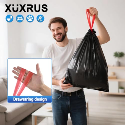 XUXRUS 2.6 Gallon Small Black Bathroom Trash Bags, 60 Count Folded Drawstring Small Garbage Bags, Tear-Resistant & Leak-Proof, Odor Control Liners for Bathroom, Office – Heavy Duty Trash Bags - style: 2.6 GAL-Black-60Counts