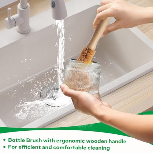 Bamboo Dish Brush Set - 5 Packs Natural Wooden Kitchen Brush, 4 Dish Scrubbers with One Replacement Head, Cleaning for Pots, Bottles and Vegetables