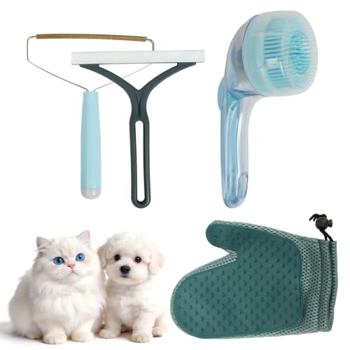 4-in-1 Pet Hair Remover Kit for Cat & Dog Fur Remover for Couch, Carpets & Clothing - Pet Hair Remover Grooming Glove & Pet Bath Scrubber with Shampoo Dispenser