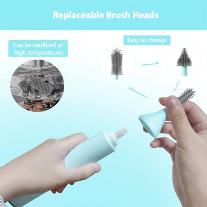 Electric Baby Bottle Brush Set with Rechargeable Electric Bottle Brush Cleaner and Replaceable Silicone Bottle Brushes and Straw Brush Cleaner, Waterproof Multi-Purpose Cleaning Brush(Blue) - color: Blue