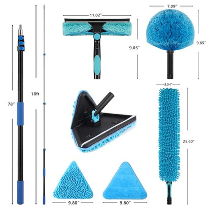 25 Foot Painted Wall Cleaner Mop with 18 Ft Heavy Duty Extension Pole, 3-in-1 High Ceiling Cleaning Tool with 4 Microfiber Chenille Pad, Cobweb Duster, Fan, Baseboard, Window Squeegee Kit (18ft) - size: 18ft