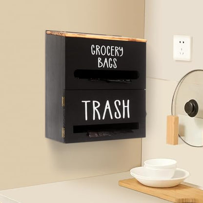 2 in 1 Trash Bag Dispenser, Double Wall Mounted,Wood Trash Bag Holder, used in kitchen, garage, laundry room, can store Environmentally friendly food bags and garbage bags (Black) - color: Black/Large(10inch*5.5inch*12.2inch)