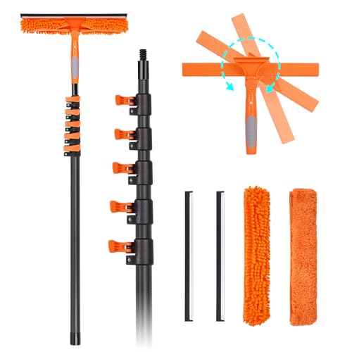 Window Washing Kit with Extension Pole 4.7 to 24FT, Long Squeegee for Window Cleaning Indoor Outdoor, Carbon Fiber Telescopic Pole for Window Cleaner Tool with Microfibre Pad & Chenille Cloth - size: 24 FT