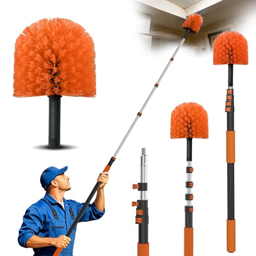 18FT Reach Cobweb Duster with Extension Pole - Spider Web Brush for Cleaning with 3-12FT 4-Section Flip-Lock Telescopic Pole, Effortlessly Cleans High Indoor & Outdoor Webs - color: Orange, size: 12FT
