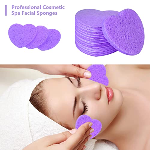 100-Count Compressed Facial Sponges for Estheticians Heart Shape Natural Cellulose Sponge Professional Cosmetic Spa Sponges for Face Cleansing, Massage, Pore Exfoliating, Mask, Makeup Removal, Purple - color: 100- Pack Purple