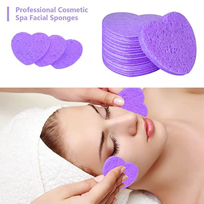 100-Count Compressed Facial Sponges for Estheticians Heart Shape Natural Cellulose Sponge Professional Cosmetic Spa Sponges for Face Cleansing, Massage, Pore Exfoliating, Mask, Makeup Removal, Purple - color: 100- Pack Purple