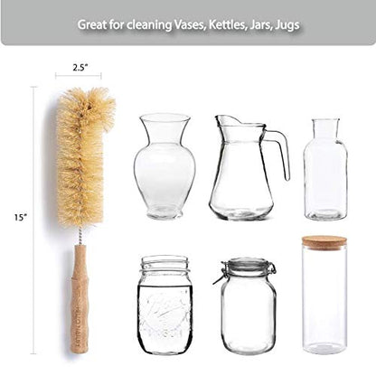 4 Pcs Bamboo Bottle Brush Set by HELLO NATURE – Long Handle Cleaning Brushes for Water Bottles, Baby Bottles & Glassware, Sustainable & Plastic-Free
