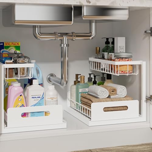 REALINN Under Sink Organizer, Pull Out Cabinet Organizer, 2 Tier Metal Slide Out Shelf with L Shaped Design for Kitchen, Bathroom, Laundry, and Utility Cabinet Storage for Deep Cabinets, White, 2 Pack - color: White, size: 2 Pack