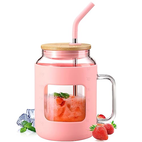 WINSA 50 oz Glass Water Bottles with Silicone Sleeve,Glass Tumbler with Lid and Straw,Iced Coffee Cup with Handle,BPA Free-Pink - color: Pink