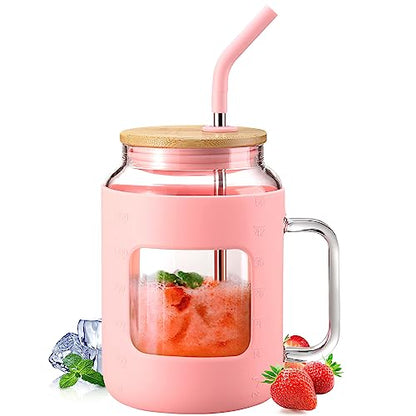 WINSA 50 oz Glass Water Bottles with Silicone Sleeve,Glass Tumbler with Lid and Straw,Iced Coffee Cup with Handle,BPA Free-Pink - color: Pink