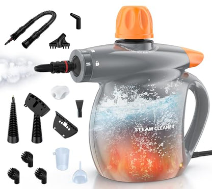 Steam Cleaner, Pressurized Handheld 13pcs Multi-Purpose Natural Deep Cleaning Steamer, Portable Steamer for Cleaning Home, Grout, Kitchen, Car, Window, Upholstery, Bathroom and Clothes, Gray