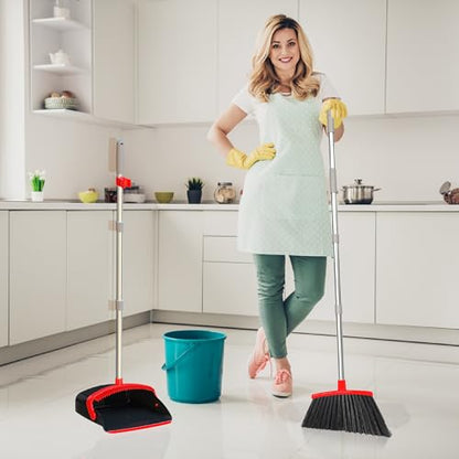 Broom and Dustpan Set 55", Long Adjustable Stainless Steel Handle, Upright, Large Size, Lightweight Broom with Dustpan Combo Set for Home Kitchen Office Lobby Indoor and Outdoor