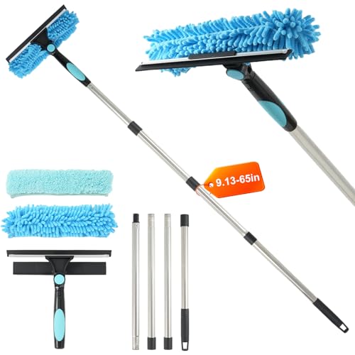 65'' Window Washing Kit with Extension Pole, 2-in-1 Window Cleaning Kit with Scrubber and Rotating Head, Window Cleaner Tool for Shower Rooms, Glass, Floors, Tiles, Walls, Car Windshields - size: 65''