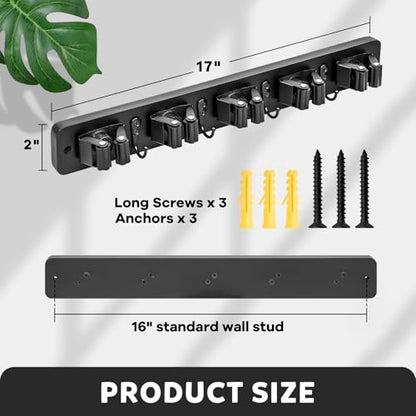 IMILLET Broom Holder Wall Mount, Wood Broom Holder with 5 Racks and 4 Hooks Broom Organizer, Laundry Room Organization and Storage, Mop Hanger for Home Organization, Garden, Garage, Closet (Black) - style: Wooden-5 Slots Black