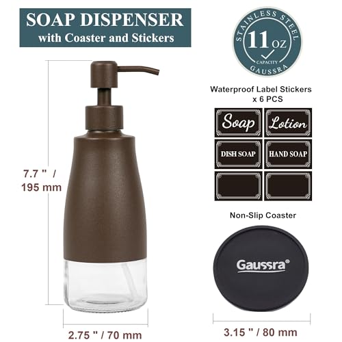 Gaussra Matte Brown Soap Dispenser with Coaster and Stickers, Stainless Steel and Glass Bottle Hand Pump Dispenser, Refillable Liquid Hand Soap Dispenser for Bathroom & Kitchen (11OZ / 320ML) - color: Matte Brown