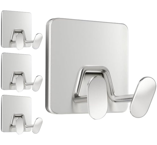 Adhesive Shower Hooks for Inside - Extra Sticky Stainless, Razor Holder Shower Accessories, Wall Mounted Self-Adhesive Double Hooks for Razor, Loofah, Towel, Shaver, Coat, Key, Silver, 4-Pack - color: Silver, size: 4 Pack